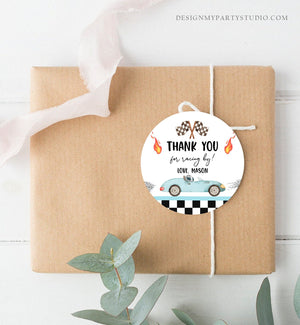 Editable Racing Favor Tags Race Car Birthday Thank you Label Growing Up Two Fast 2 Stickers Blue Race Car 2nd Template Corjl PRINTABLE 0424