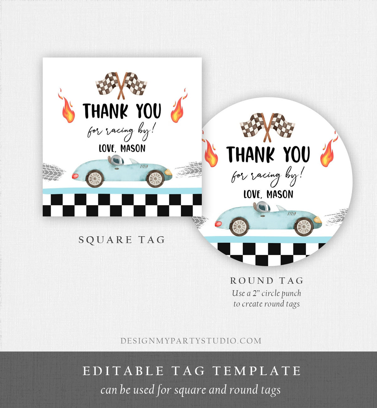 Editable Racing Favor Tags Race Car Birthday Thank you Label Growing Up Two Fast 2 Stickers Blue Race Car 2nd Template Corjl PRINTABLE 0424