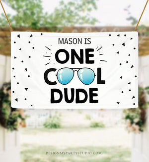 Editable One Cool Dude Backdrop Banner Boy First Birthday Party Sunglasses Pilot Two Cool Decorations Download Corjl Template Printable 0136