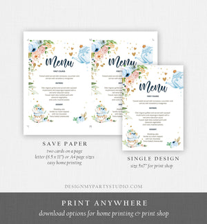 Editable Floral Tea Menu Card Tea Birthday Blue Gold Confetti Floral Tea Baby Shower Baby is Brewing Download Corjl Template Printable 0349