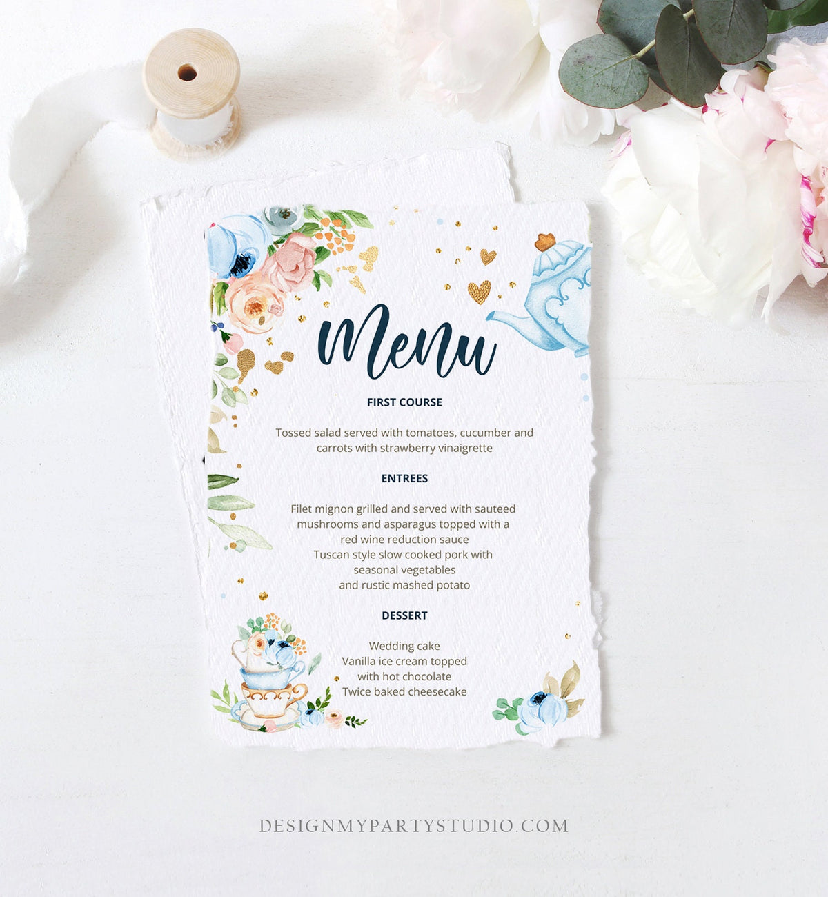 Editable Floral Tea Menu Card Tea Birthday Blue Confetti Floral Tea Baby Shower Baby is Brewing Digital Download Template Printable 0349