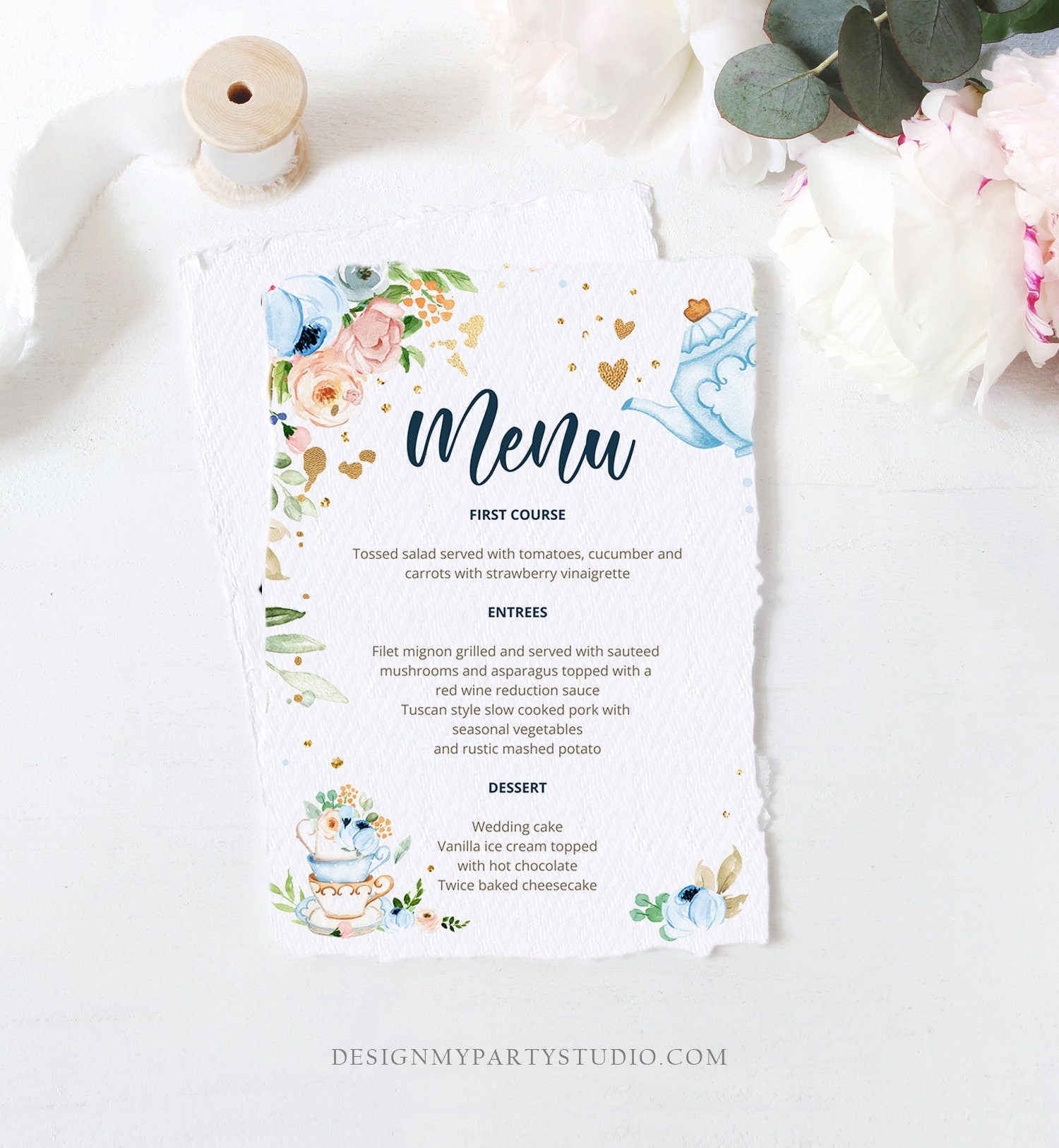 Editable Floral Tea Menu Card Tea Birthday Blue Gold Confetti Floral Tea Baby Shower Baby is Brewing Download Corjl Template Printable 0349