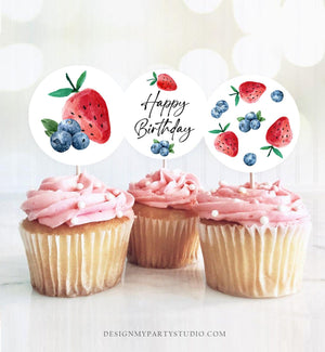 Strawberry Blueberry Birthday Cupcake Toppers Favor Tags Girl Boy Party Decor Berry Sweet 1st Strawberries Digital Download PRINTABLE 0399