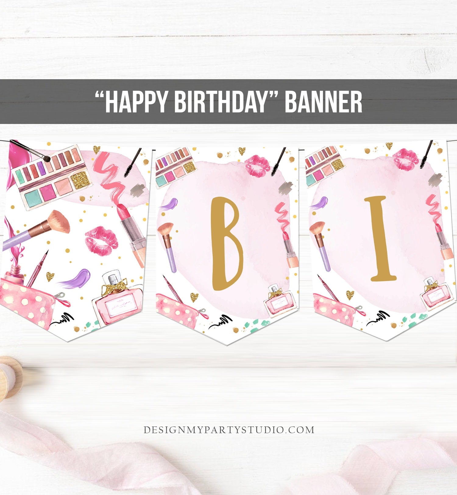 Spa Party Happy Birthday Banner Spa Glitters and Glamour Birthday Girl Pink Makeup Decoration Instant Download PRINTABLE DIGITAL DIY 0420