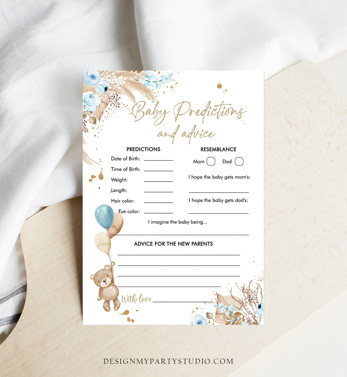 Editable Baby Predictions Baby Shower Game Advice for Parents Teddy Bear Boho Bearly Wait Activity Digital Download Template Printable 0421
