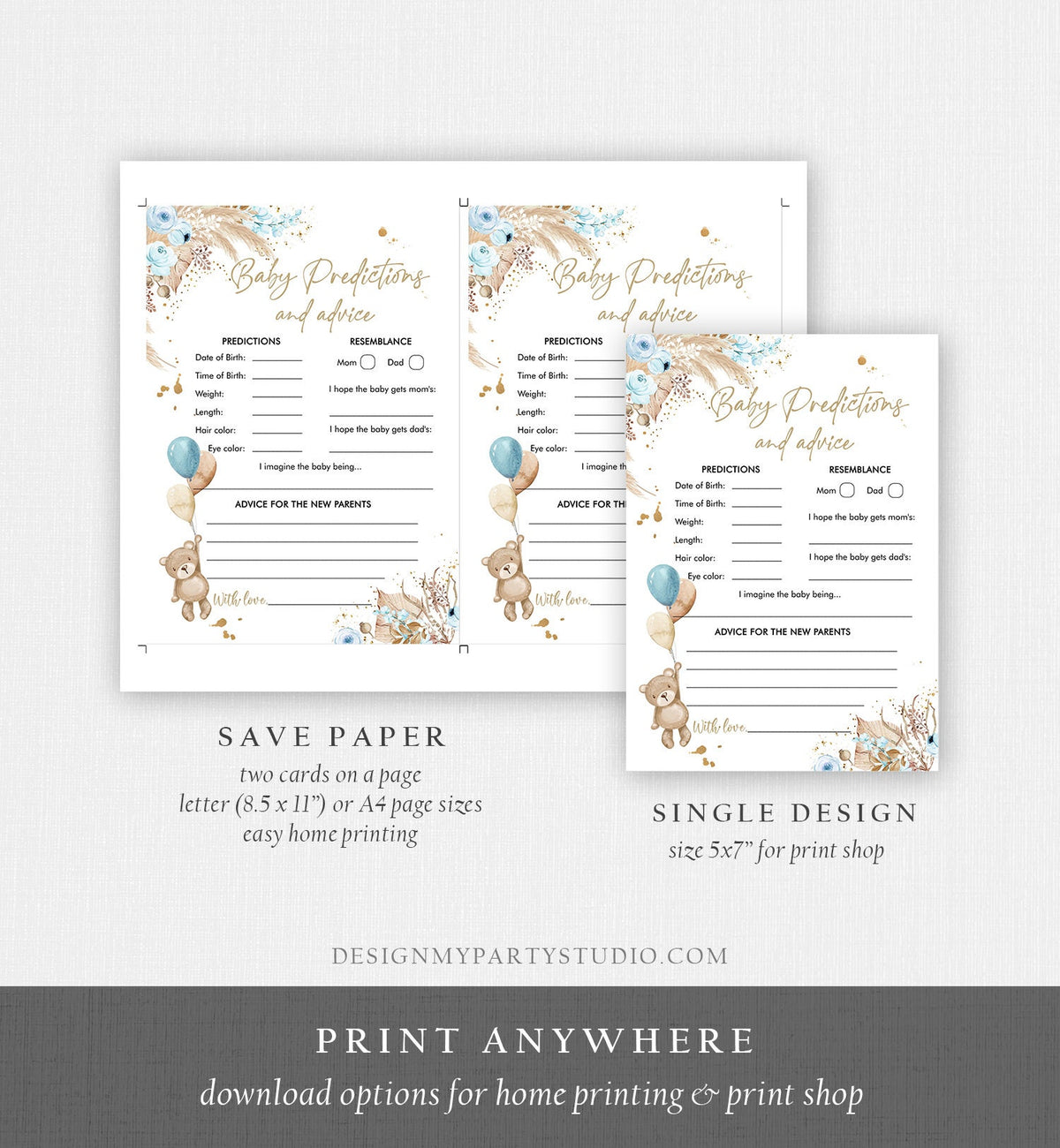 Editable Baby Predictions Baby Shower Game Advice for Parents Teddy Bear Boho Bearly Wait Activity Digital Download Template Printable 0421