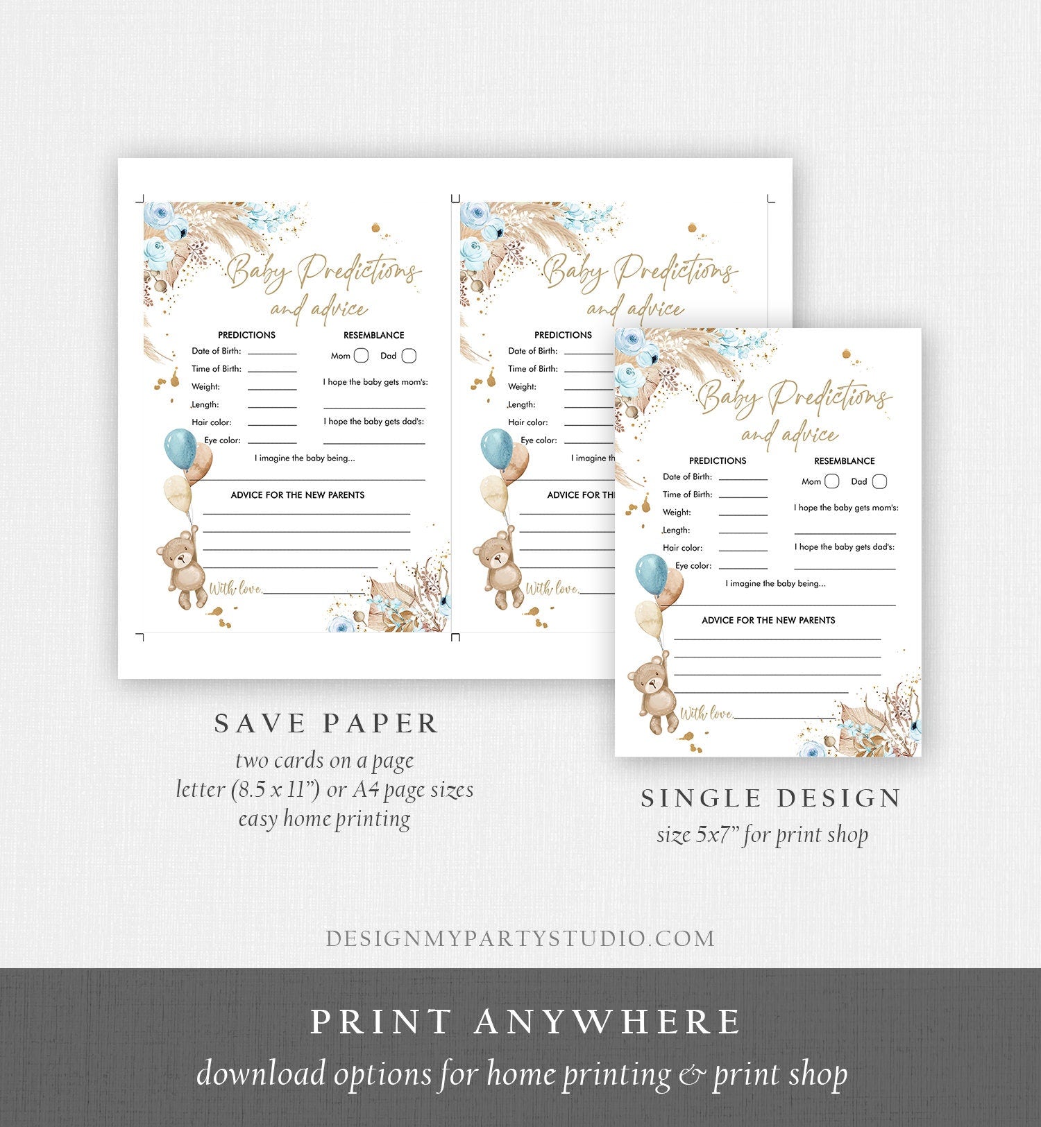 Editable Baby Predictions Baby Shower Game Advice for Parents Teddy Bear Boho Bearly Wait Activity Digital Download Template Printable 0421