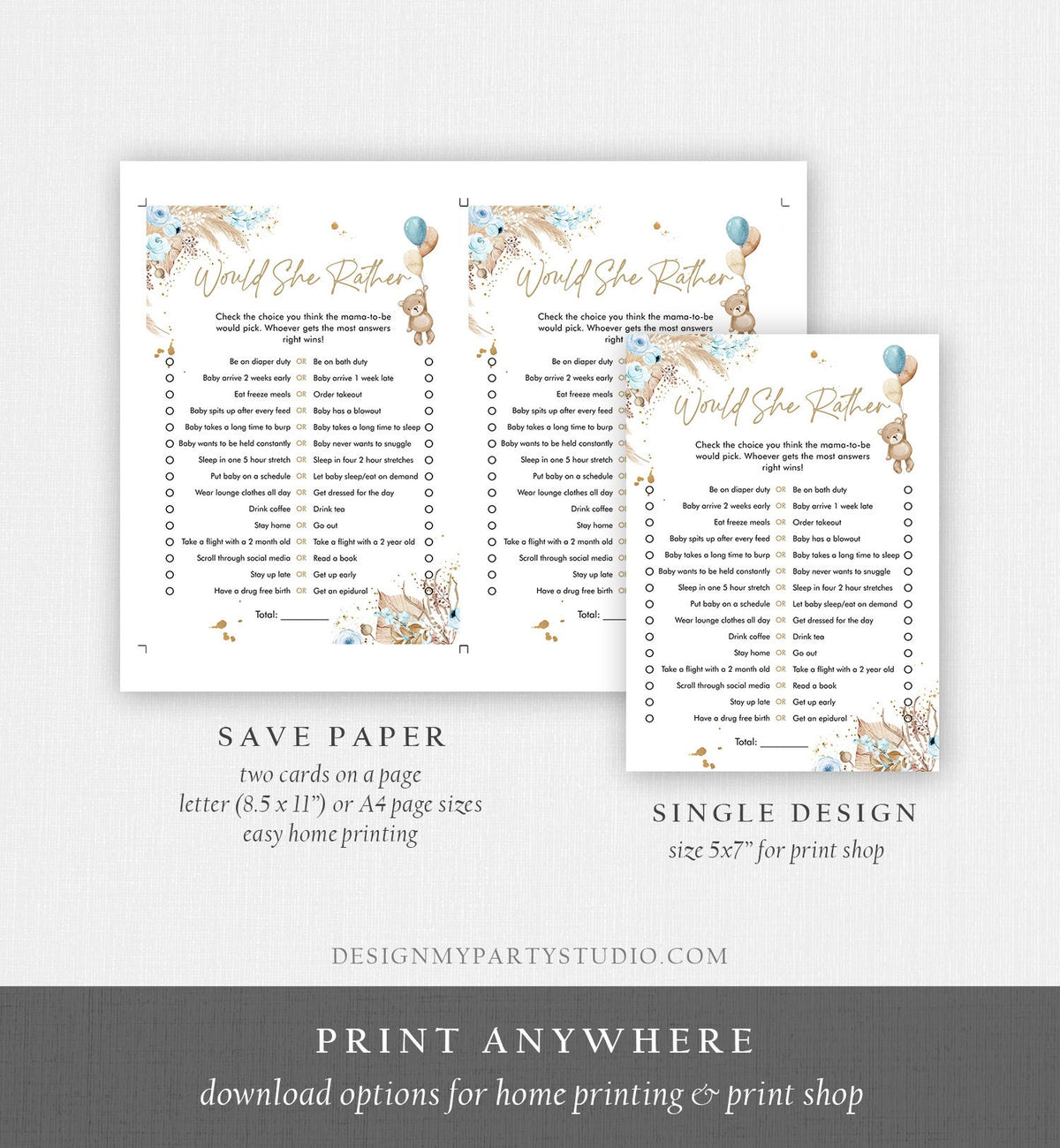 Editable Would She Rather Baby Shower Game Teddy Bear Baby Shower Boho Boy Bearly Wait Pampas Grass Guess Digital Template Printable 0421