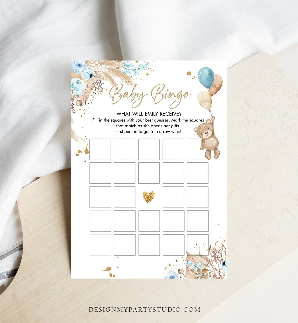 Editable Baby Bingo Game Teddy Bear Baby Shower Bearly Wait Shower Activity Boho Bear Pampas Grass Boy Blue Corjl Template Printable 0421