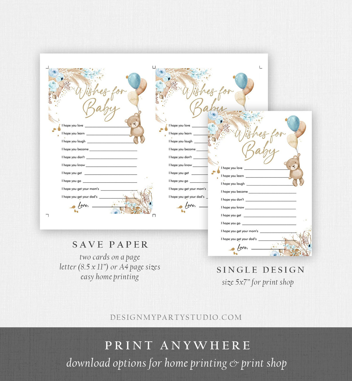 Editable Whishes for the Baby Game Baby Shower Boho Teddy Bear Baby Shower Boy Rustic Pampas Grass Bearly Digital Template Printable 0421