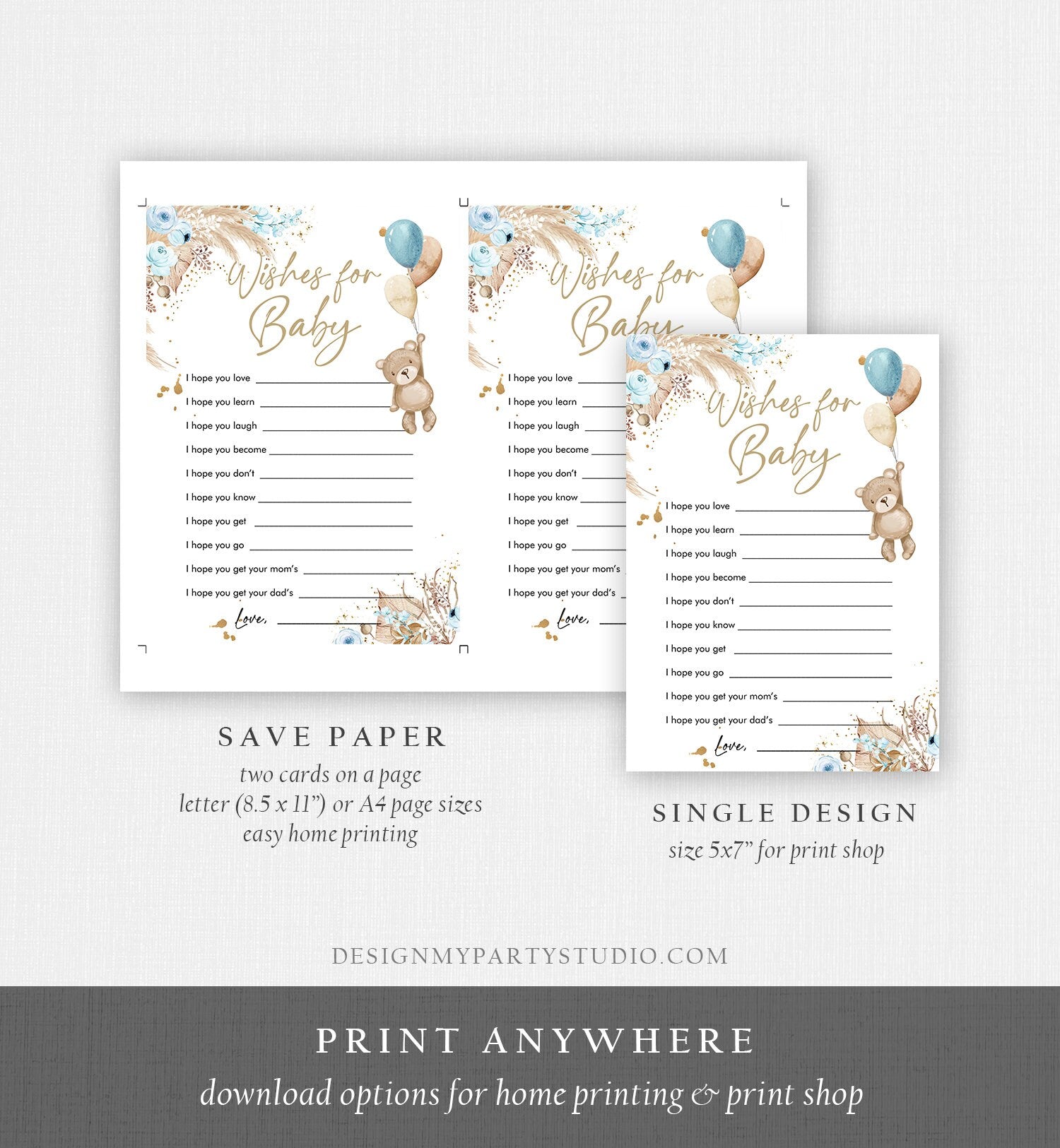 Editable Whishes for the Baby Game Baby Shower Boho Teddy Bear Baby Shower Boy Rustic Pampas Grass Bearly Digital Template Printable 0421