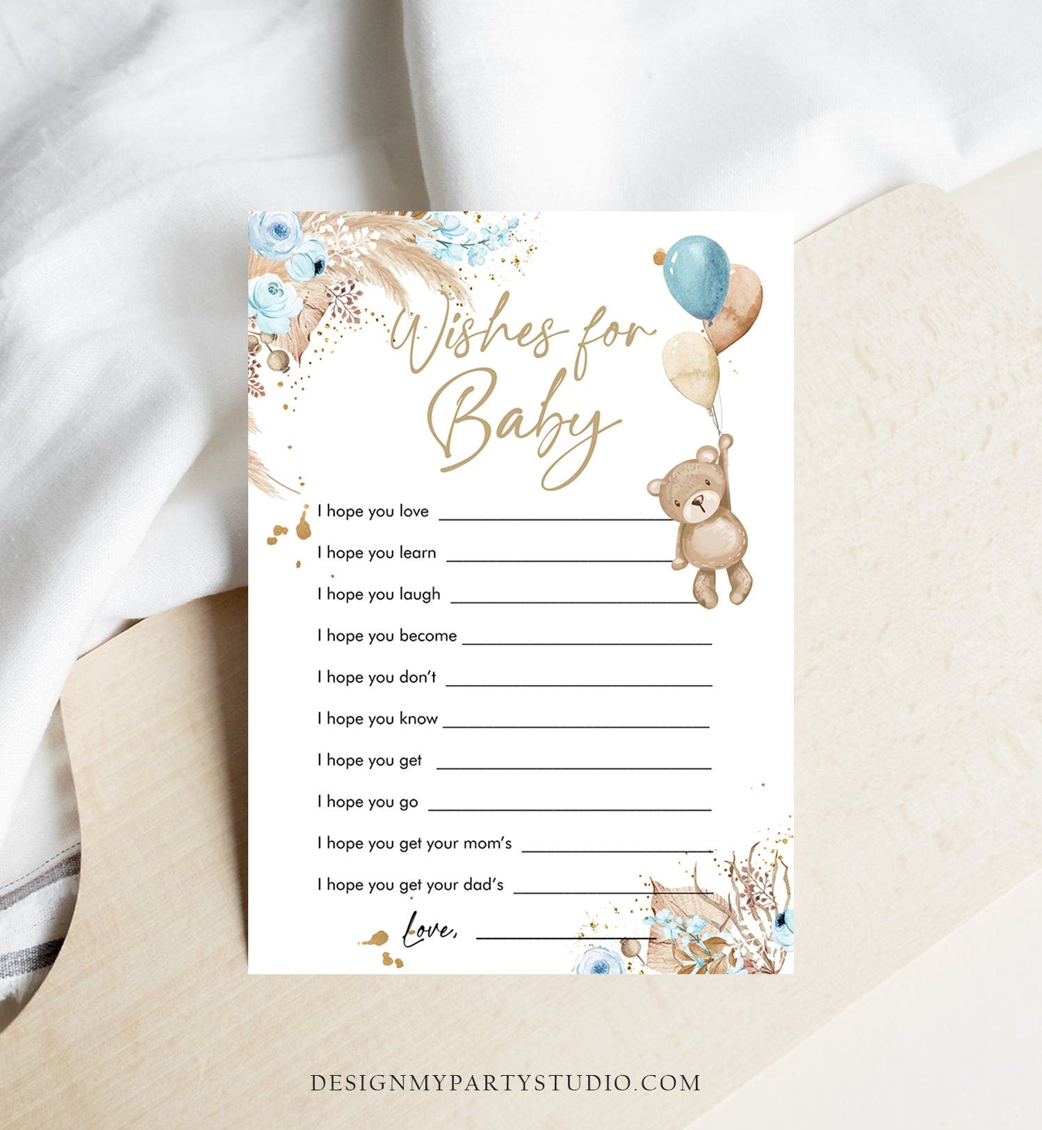 Editable Whishes for the Baby Game Baby Shower Boho Teddy Bear Baby Shower Boy Rustic Pampas Grass Bearly Digital Template Printable 0421