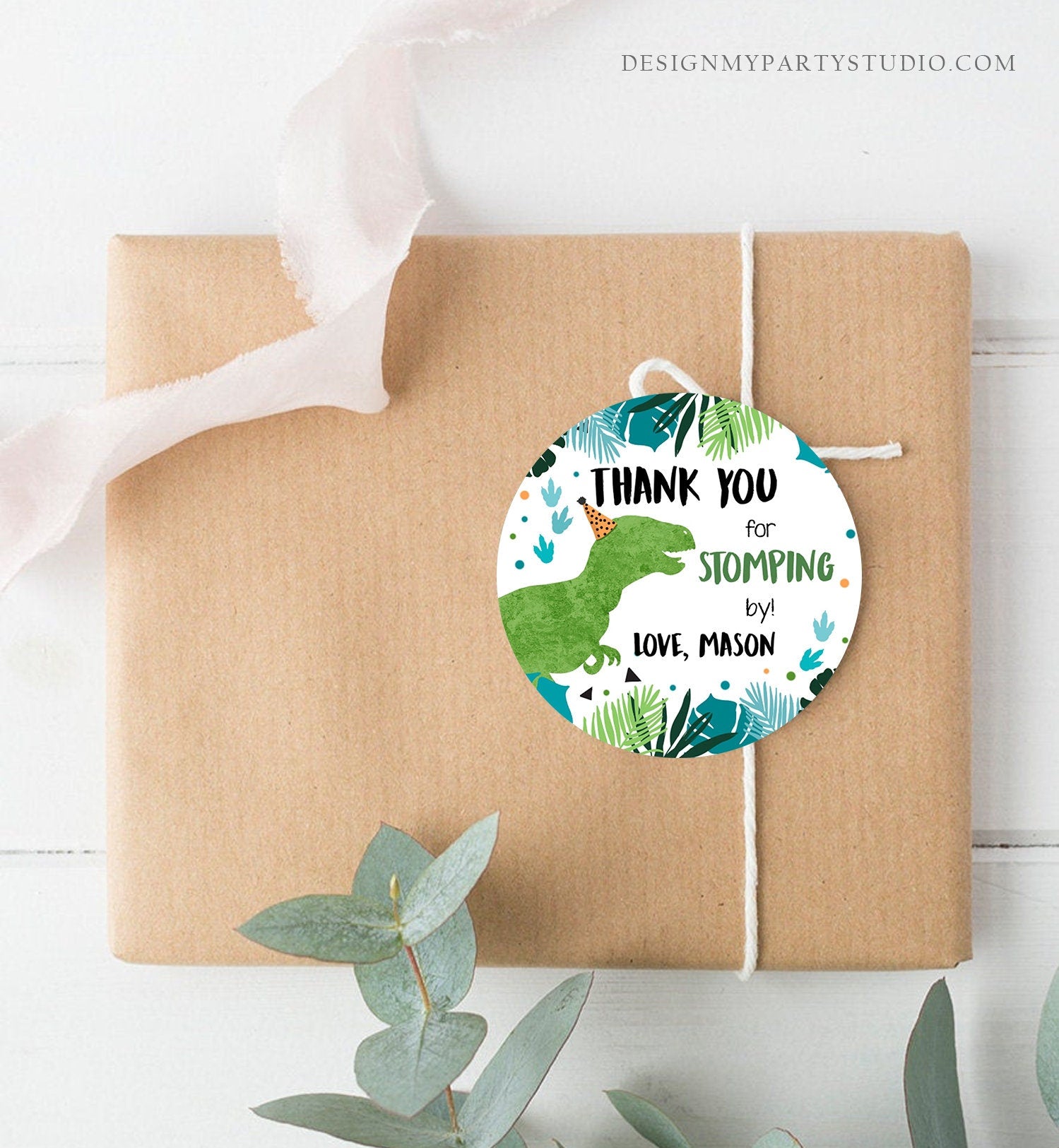 Editable Dinosaur Birthday Favor Tags Gift Tag Boy Green Blue Three Rex Thank You Stomping By Dino T-Rex Digital Template Printable 0389