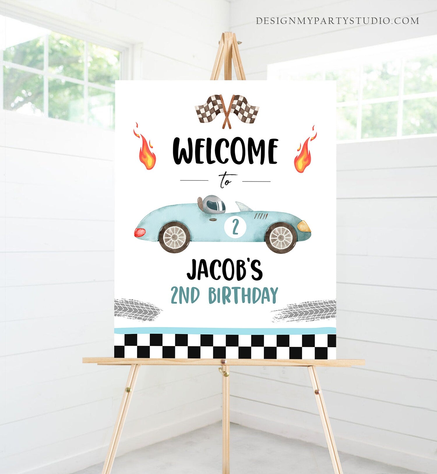 Editable Racing Birthday Welcome Sign Race Car Birthday Sign Growing Up Two Fast 2nd Birthday Blue Boy Decor Template Corjl PRINTABLE 0424