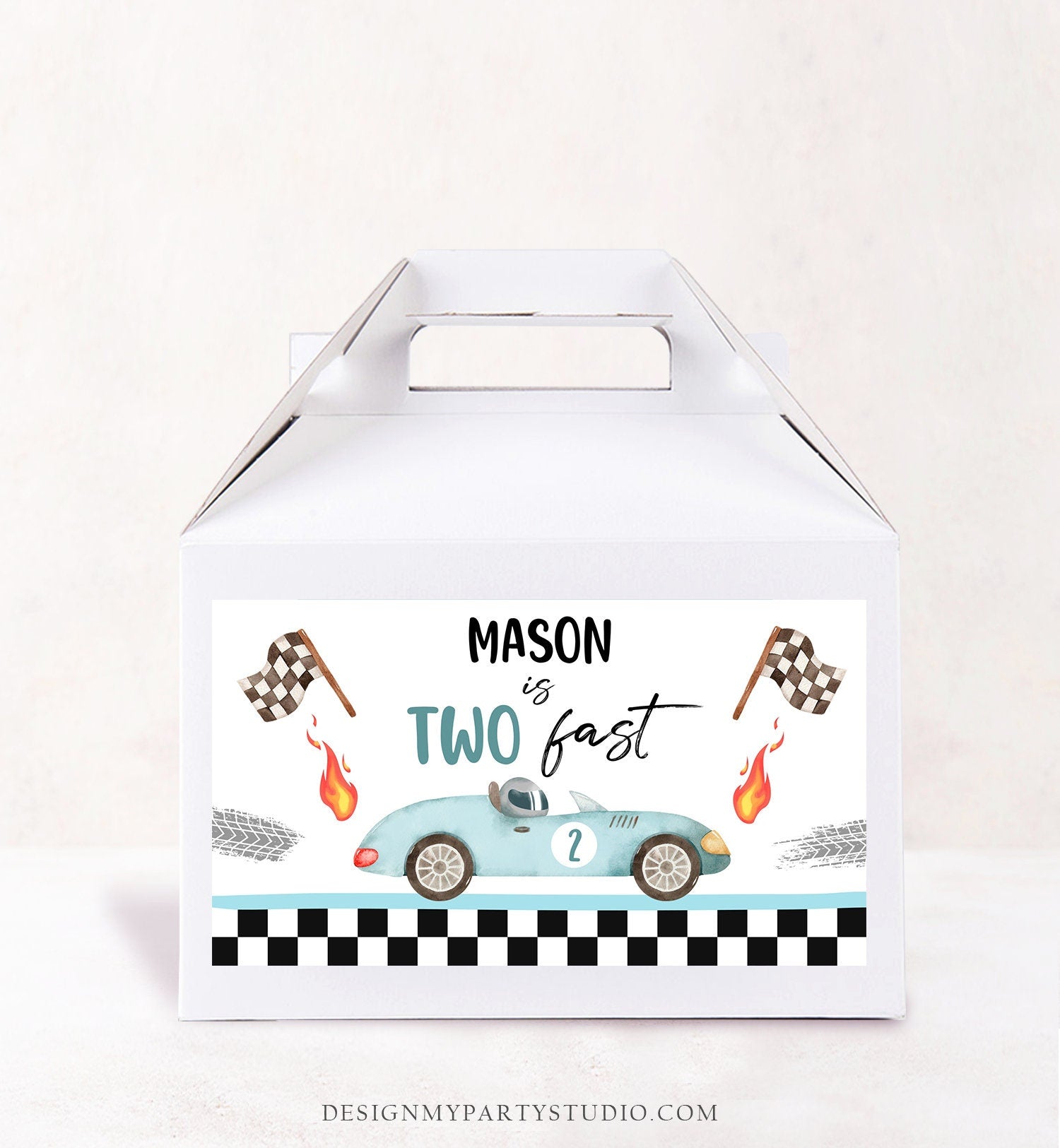 Editable Two Fast Gable Box Favor Label Race Car Birthday Favor Box Boy Racing Growing Up Two Fast Digital Download Template Printable 0424