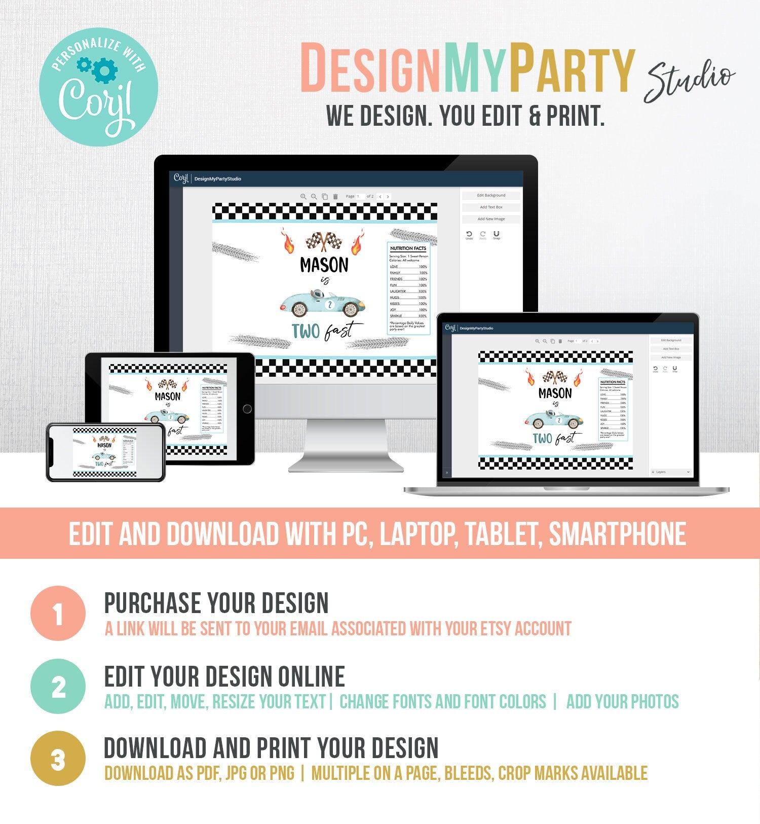 Editable Race Car Chip Bag Two Fast 2nd Birthday Party Decor Boy Racing Party Favors Birthday Two Blue Car Digital Corjl Template 0424