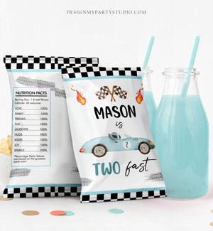 Editable Race Car Chip Bag Two Fast 2nd Birthday Party Decor Boy Racing Party Favors Birthday Two Blue Car Digital Corjl Template 0424