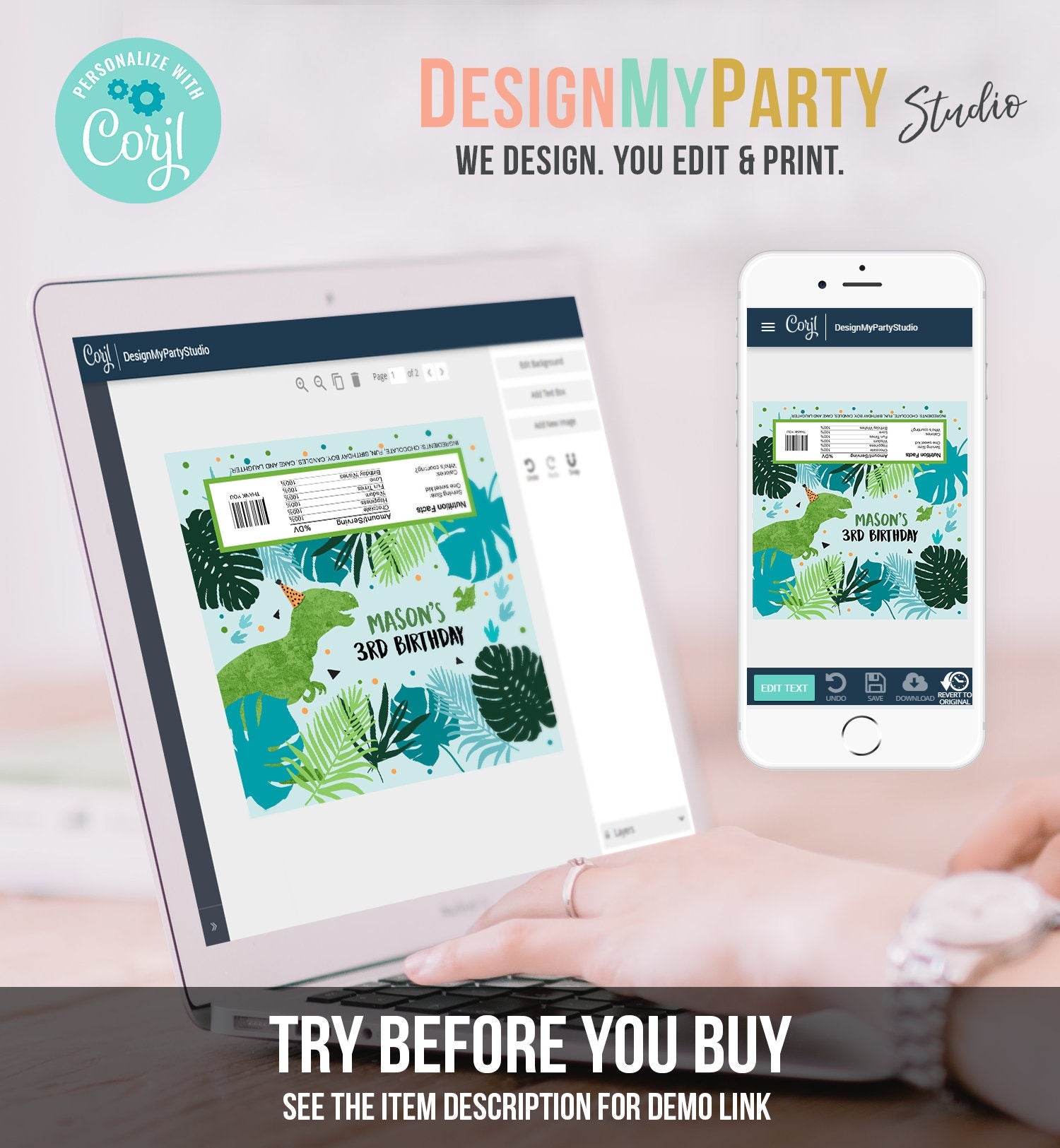 Editable Dinosaur Chocolate Bar Labels Candy Bar Wrapper Three Rex Birthday Blue Green T-Rex Dino Digital Download Template Printable 0389