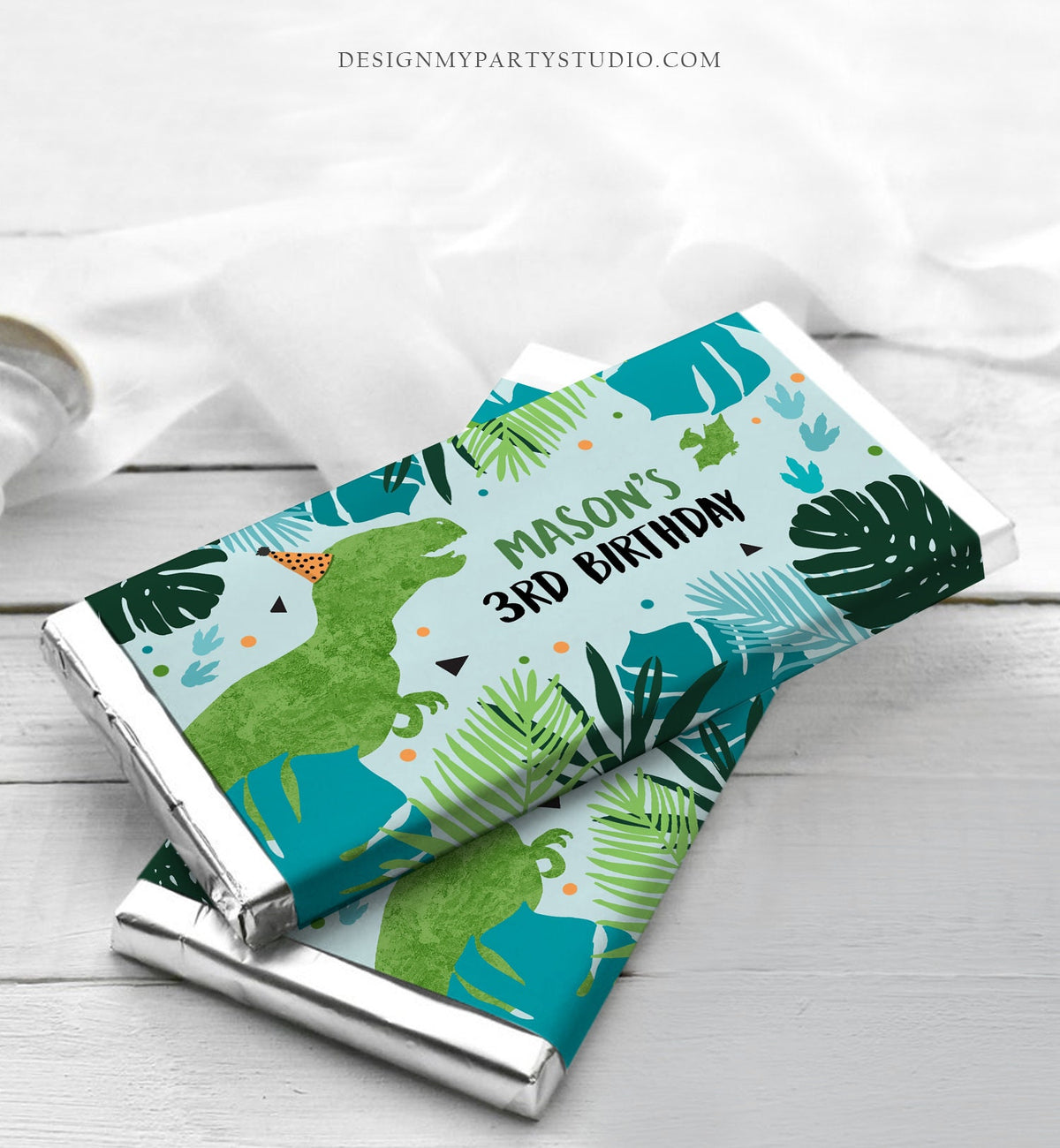 Editable Dinosaur Chocolate Bar Labels Candy Bar Wrapper Three Rex Birthday Blue Green T-Rex Dino Digital Download Template Printable 0389