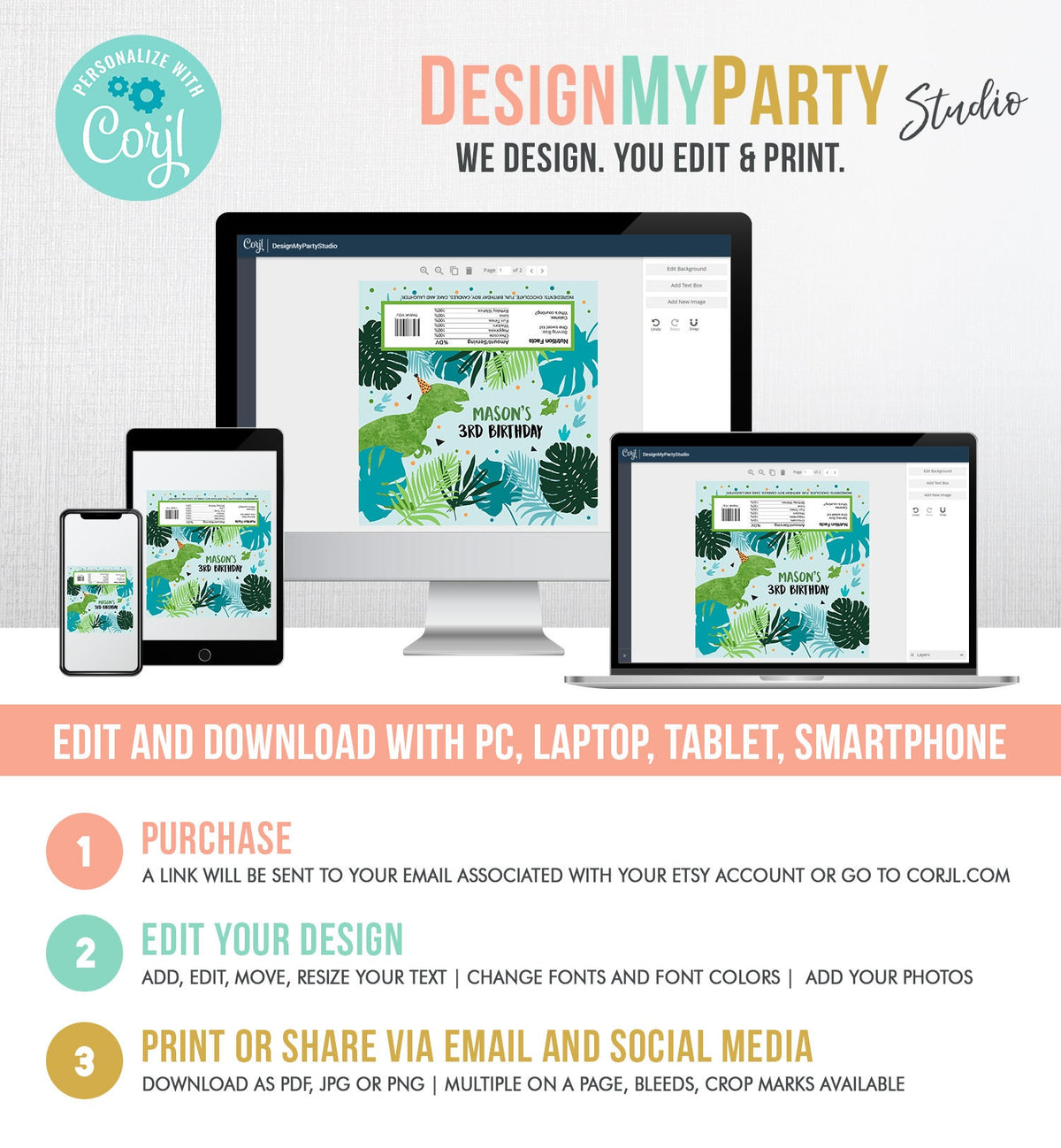 Editable Dinosaur Chocolate Bar Labels Candy Bar Wrapper Three Rex Birthday Blue Green T-Rex Dino Digital Download Template Printable 0389