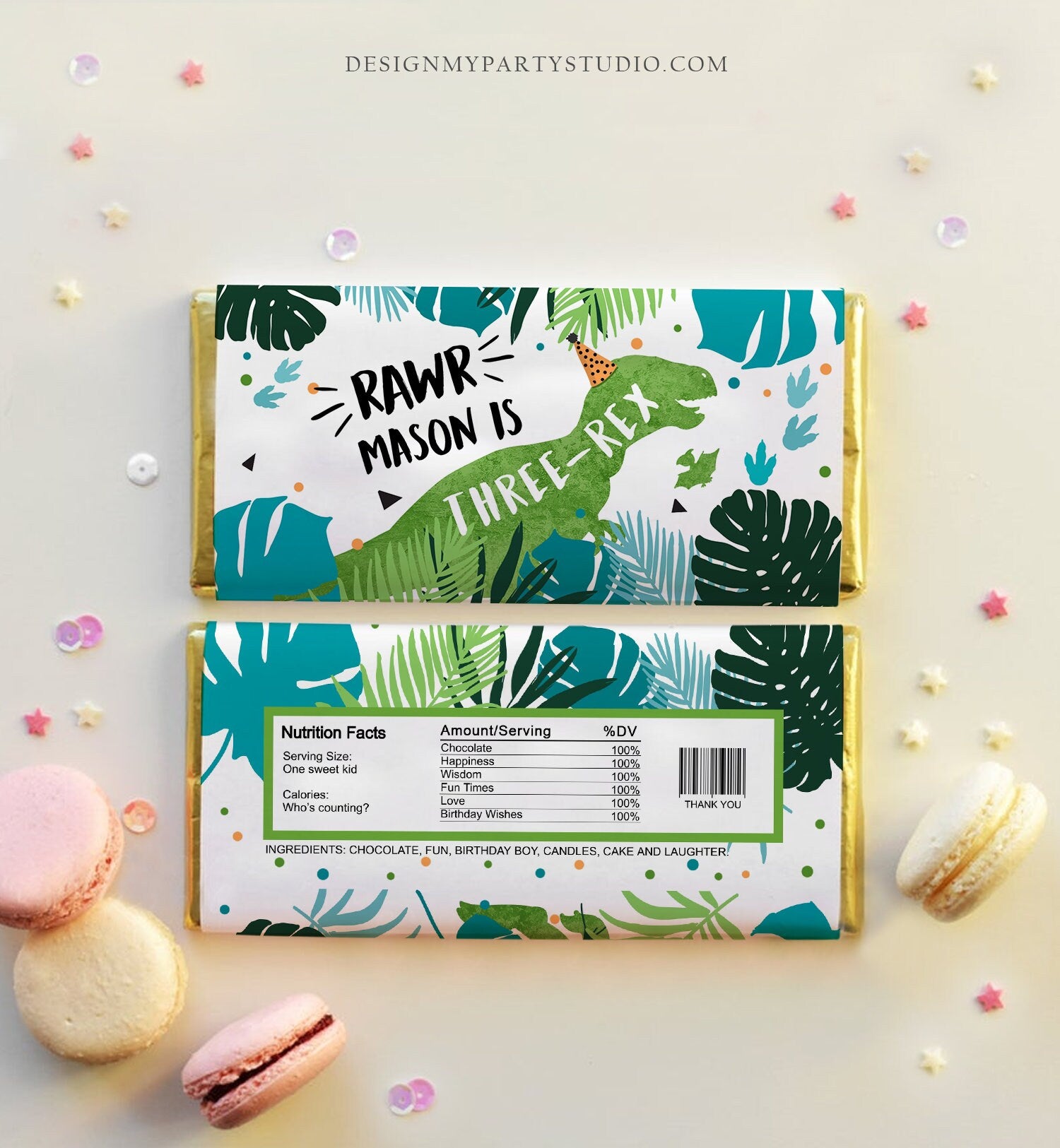 Editable Dinosaur Chocolate Bar Labels Candy Bar Wrapper Three Rex Birthday Blue Green T-Rex Dino Digital Download Template Printable 0389