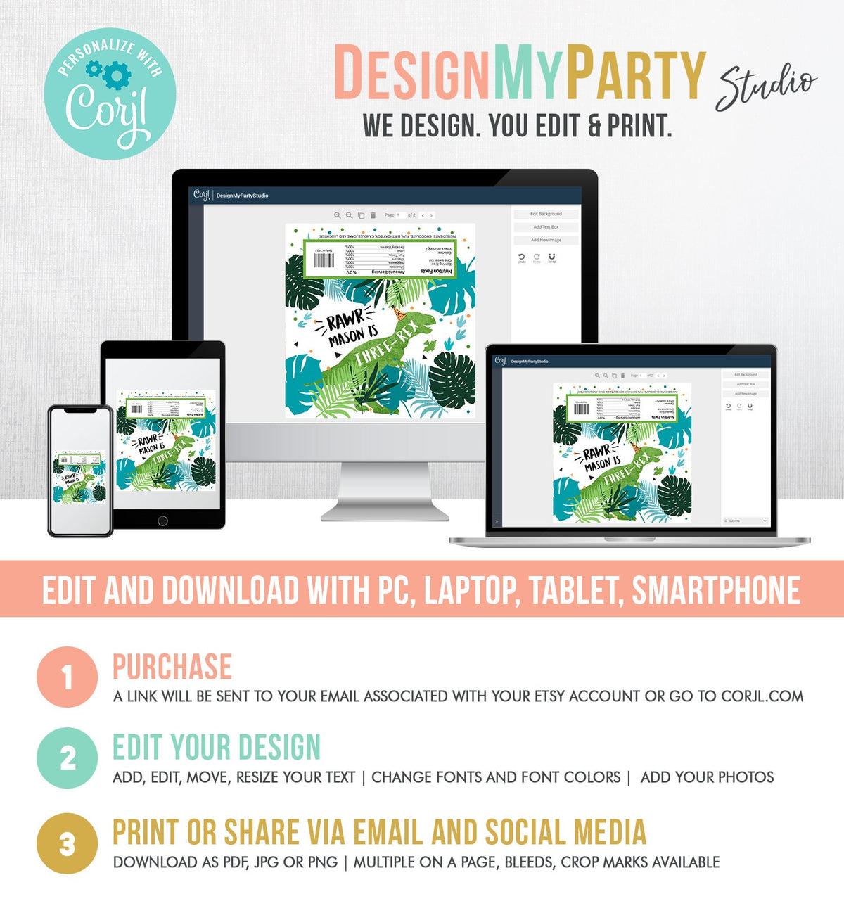 Editable Dinosaur Chocolate Bar Labels Candy Bar Wrapper Three Rex Birthday Blue Green T-Rex Dino Digital Download Template Printable 0389