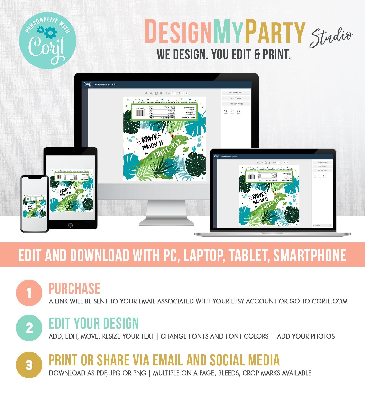 Editable Dinosaur Chocolate Bar Labels Candy Bar Wrapper Three Rex Birthday Blue Green T-Rex Dino Digital Download Template Printable 0389