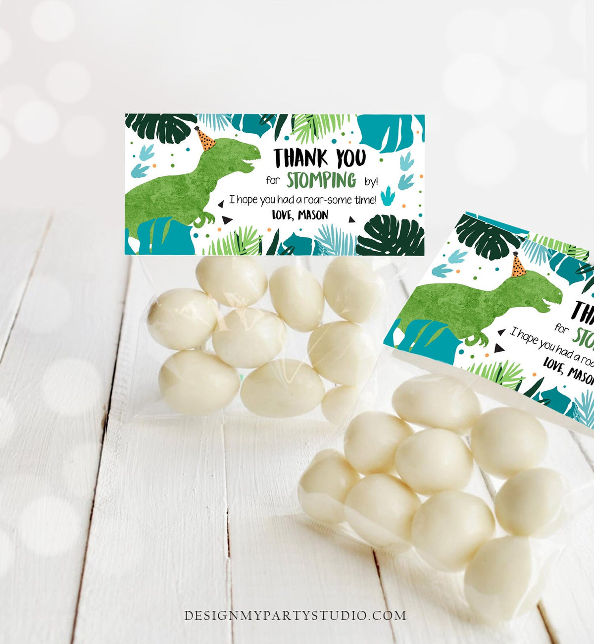 Editable Dinosaur Treat Bag Toppers Boy Dinosaur Birthday Party Thank You for Stomping By Three Rex Favor Bag Corjl Template Printable 0389