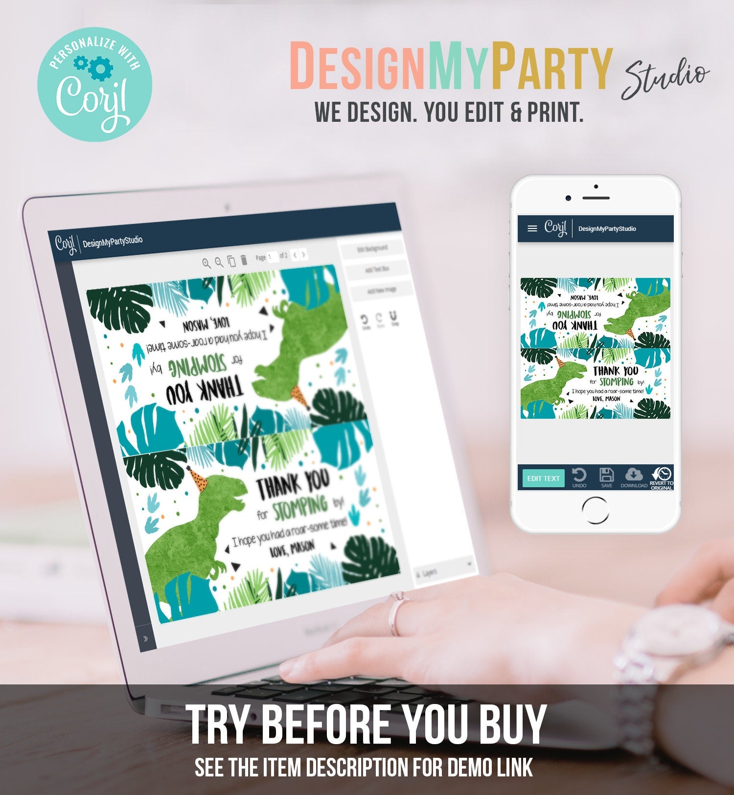 Editable Dinosaur Treat Bag Toppers Boy Dinosaur Birthday Party Thank You for Stomping By Three Rex Favor Bag Corjl Template Printable 0389