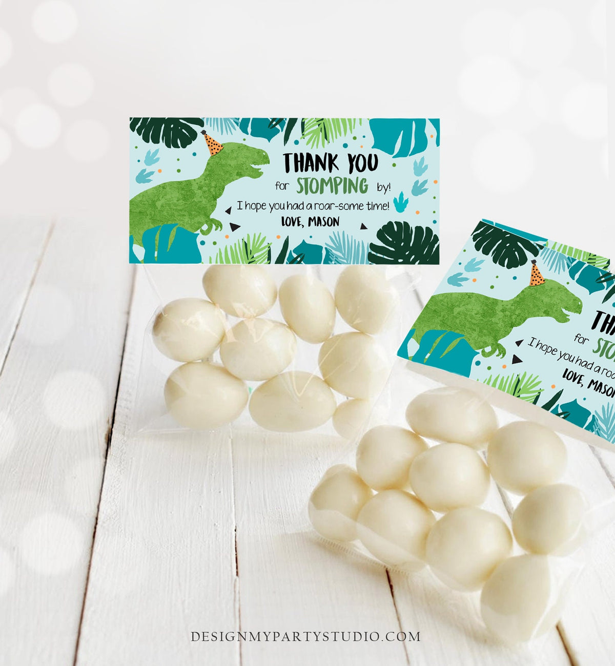 Editable Dinosaur Treat Bag Toppers Boy Dinosaur Birthday Party Thank You for Stomping By Three Rex Favor Digital Template Printable 0389