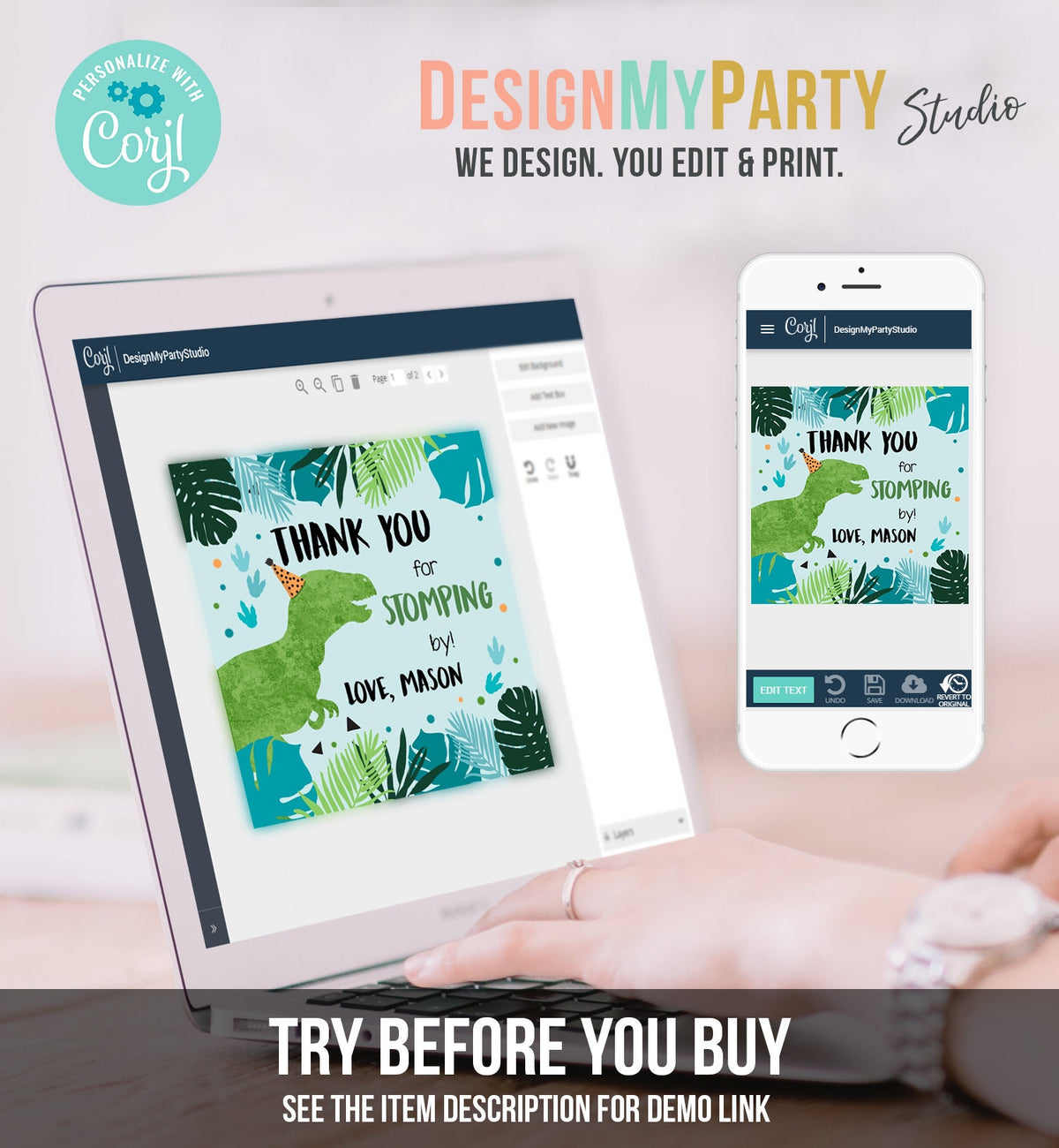 Editable Dinosaur Birthday Favor Tags Gift Tag Boy Green T-Rex Thank You Stomping By Dino Party T-Rex Digital Template Printable 0389