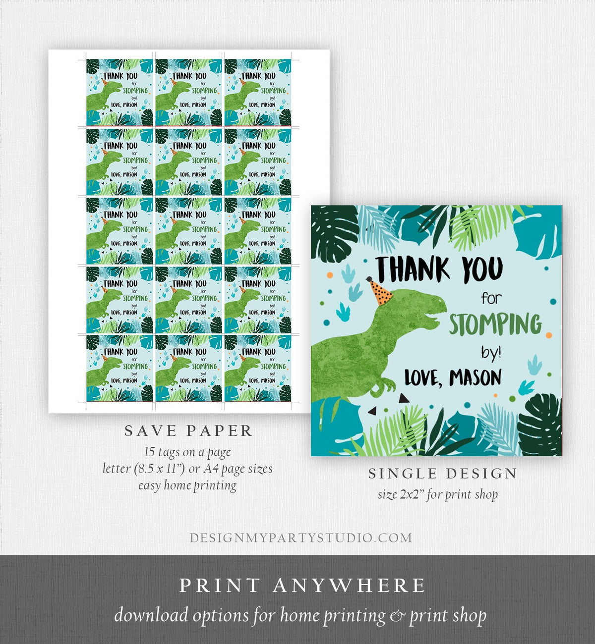 Editable Dinosaur Birthday Favor Tags Gift Tag Boy Green T-Rex Thank You Stomping By Dino Party T-Rex Digital Template Printable 0389