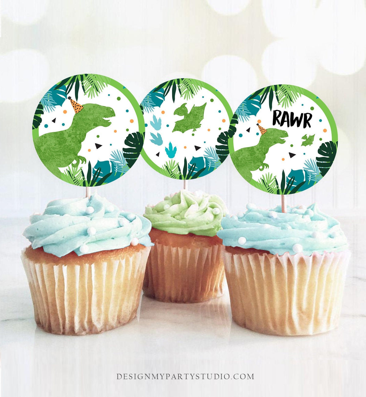 Dinosaur Cupcake Toppers Dino Favor Tags Dino Three Rex Party T-Rex Boy Stickers Green Dino Birthday Cake Blue Boy Download Printable 0389