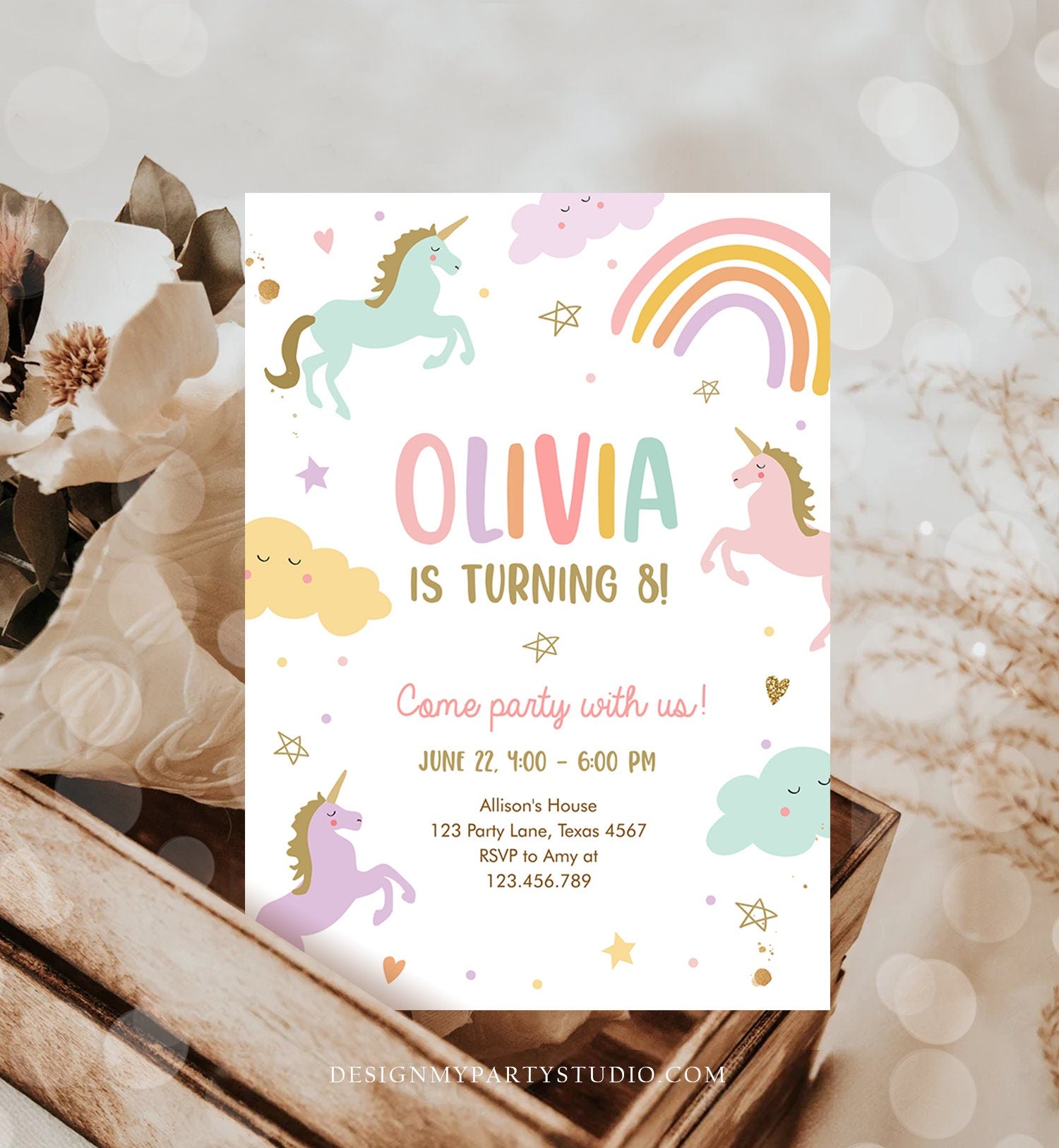 Editable Unicorn Birthday Invitation Magical Party Invite Girl Pink Pastel First Digital Unicorn Party Template Rainbow Download Corjl 0426