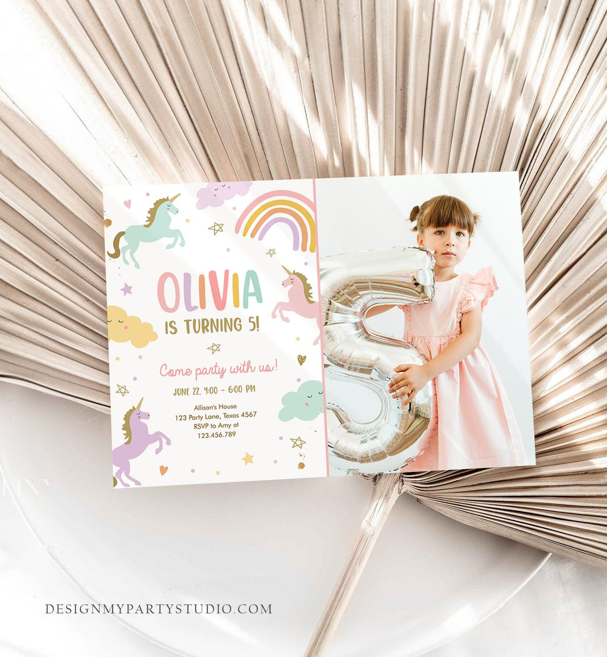 Editable Unicorn Birthday Invitation Magical Party Girl Pink Pastel First Digital Unicorn Rainbow Digital Download Template Printable 0426