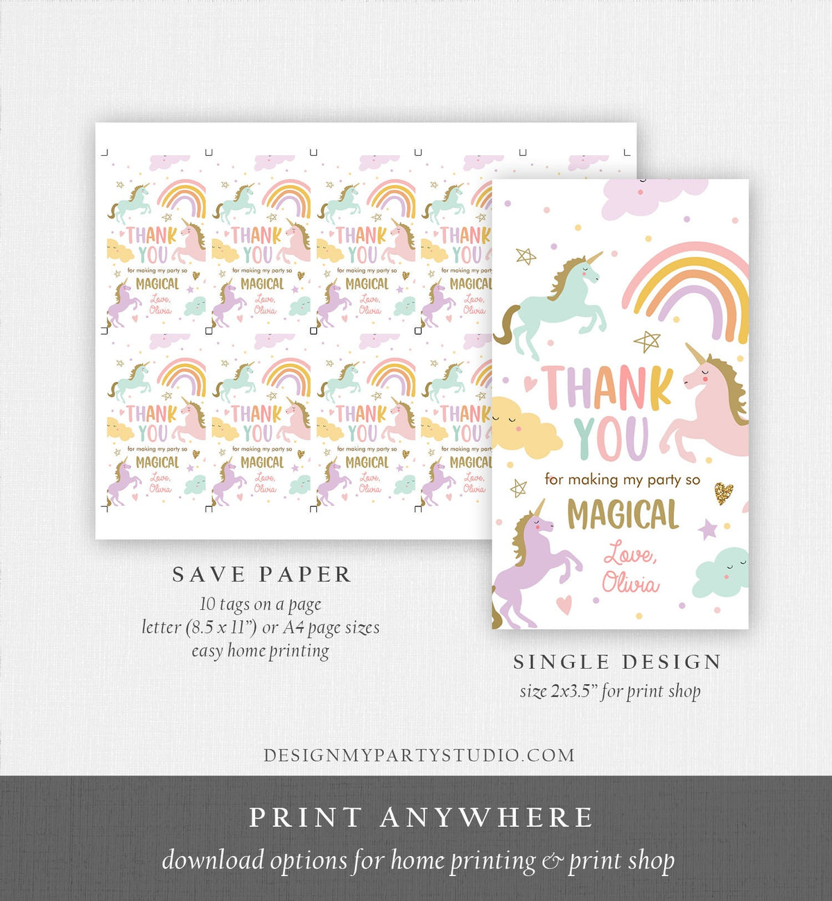 Editable Unicorn Favor Tags Magical Birthday Thank you tags Label Rainbow Birthday Gift Tags Pink Pastel Girl Template PRINTABLE Corjl 0426