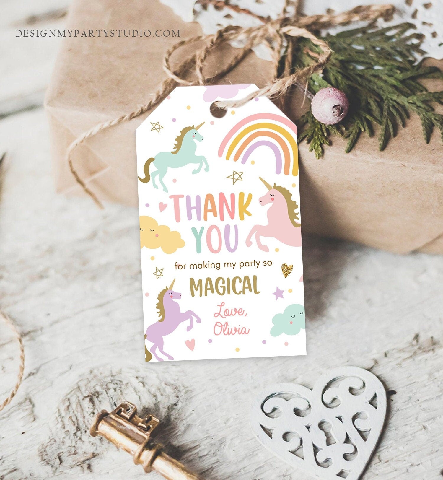 Editable Unicorn Favor Tags Magical Birthday Thank you tags Label Rainbow Birthday Gift Tags Pink Pastel Girl Template PRINTABLE Corjl 0426