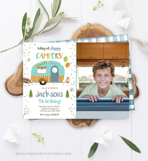 Editable Happy Camper Birthday Invitation Boy Blue Camping Party Pink Camper Glamping Download Printable Template Digital Corjl 0342
