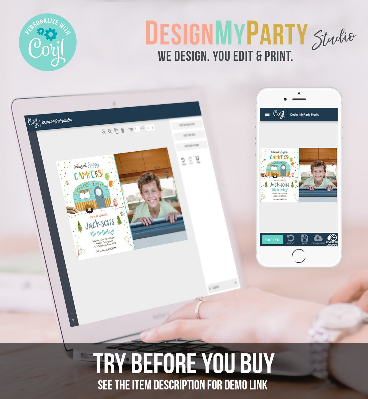 Editable Happy Camper Birthday Invitation Boy Blue Camping Party Pink Camper Glamping Digital Download Evite Template Printable 0342