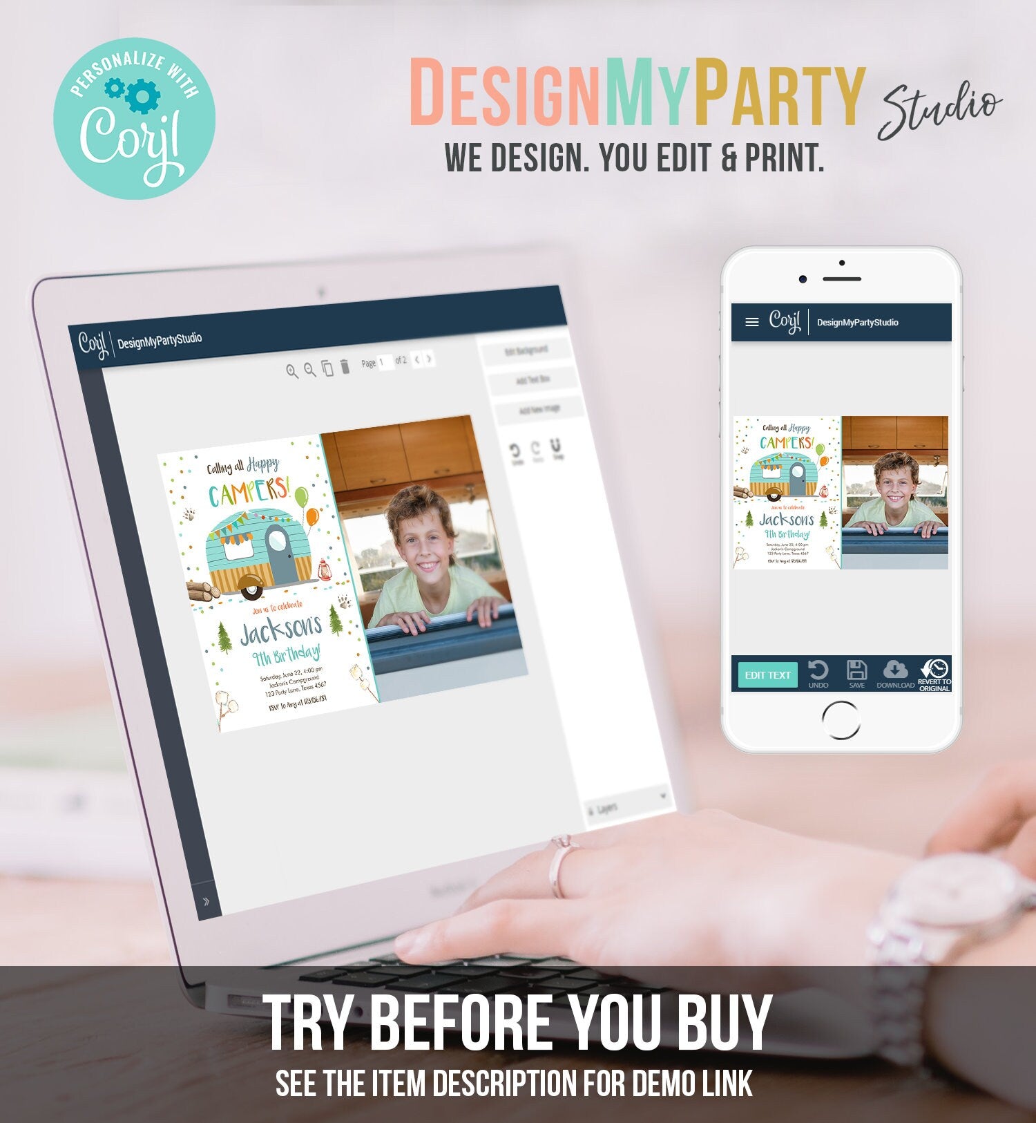 Editable Happy Camper Birthday Invitation Boy Blue Camping Party Pink Camper Glamping Digital Download Evite Template Printable 0342