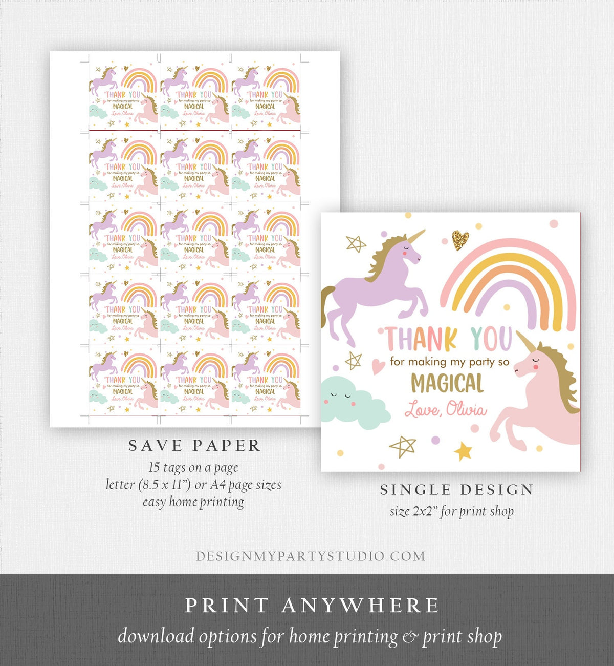 Editable Unicorn Favor Tags Magical Birthday Thank You Tag Gift Girl Pastel Instant Rainbow Download Digital Corjl Template Printable 0426