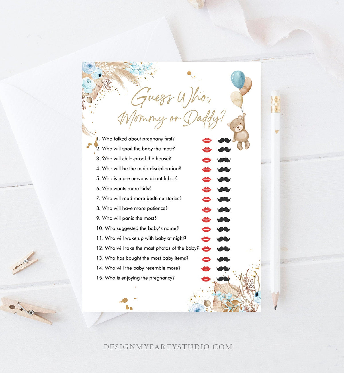 Editable Mommy or Daddy Baby Shower Game Guess Who Mom Dad Boho Bear Baby Shower Bunny Boy Bohemian Blue Corjl Template Printable 0421