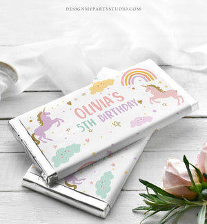 Editable Unicorn Candy Bar Wrapper Pastel Unicorn Chocolate Bar Labels Magical Label Rainbow Girl Download Corjl Template Printable 0426