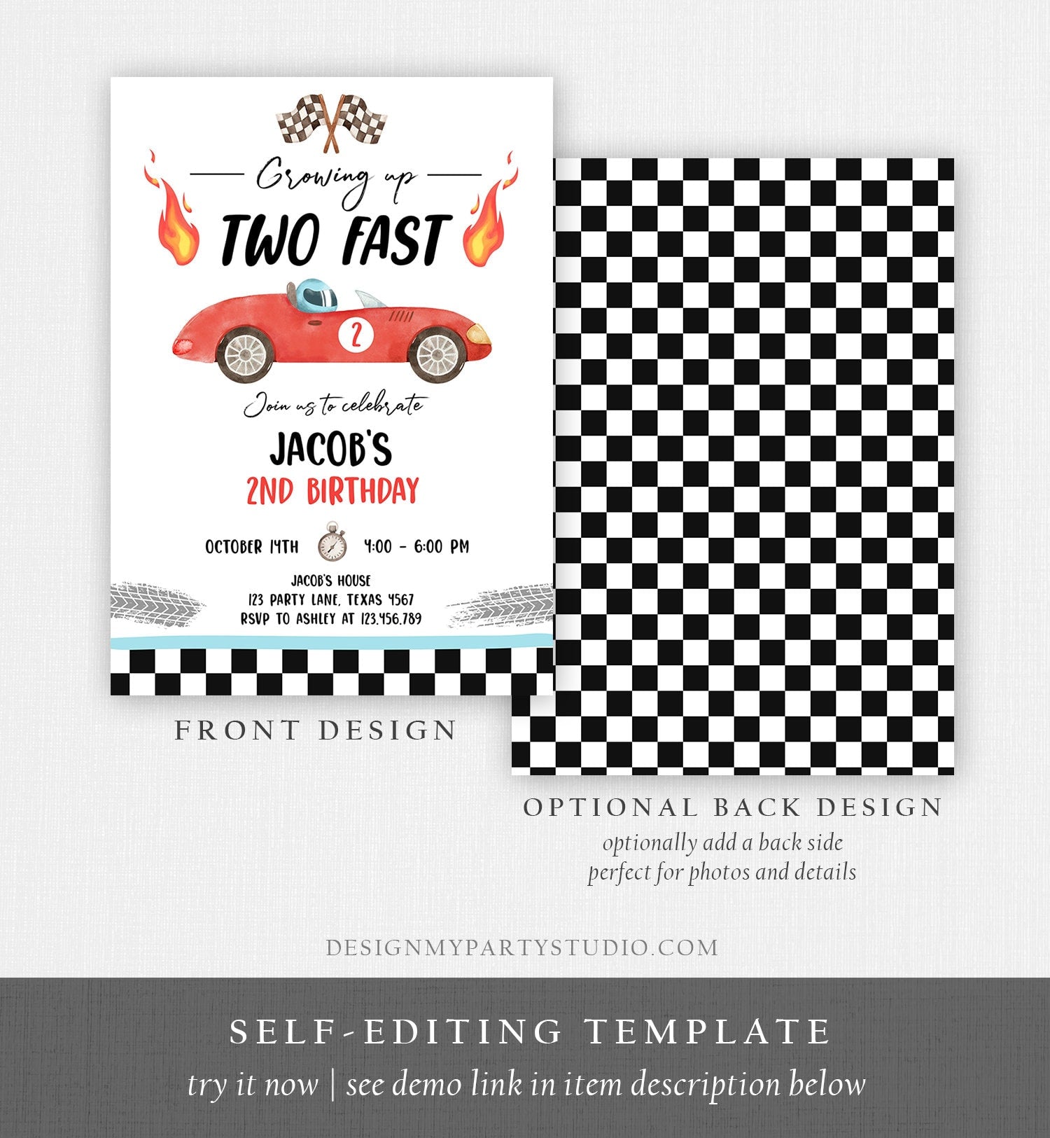 Editable Racing Car Birthday Invitation Growing Up Two Fast Invite Second Birthday 2nd Boy Download Printable Template Digital Corjl 0424