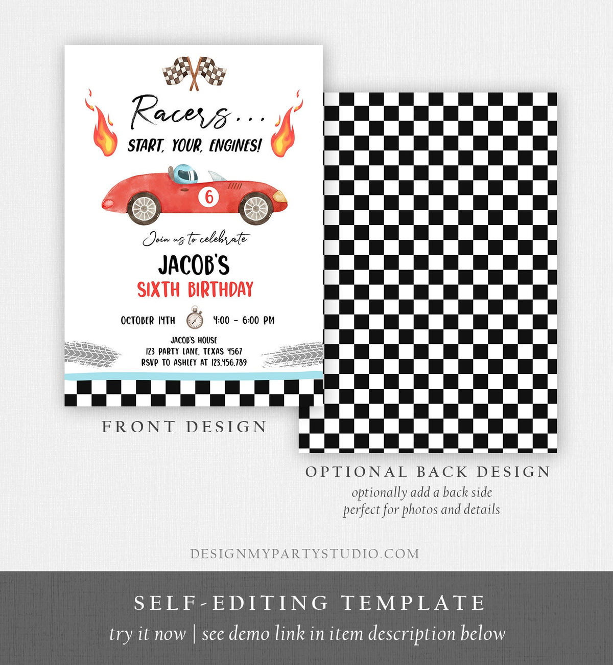 Editable Racing Birthday Invitation Racers Start Your Engines Race Car Party Little Racer Digital Download Evite Template Printable 0424