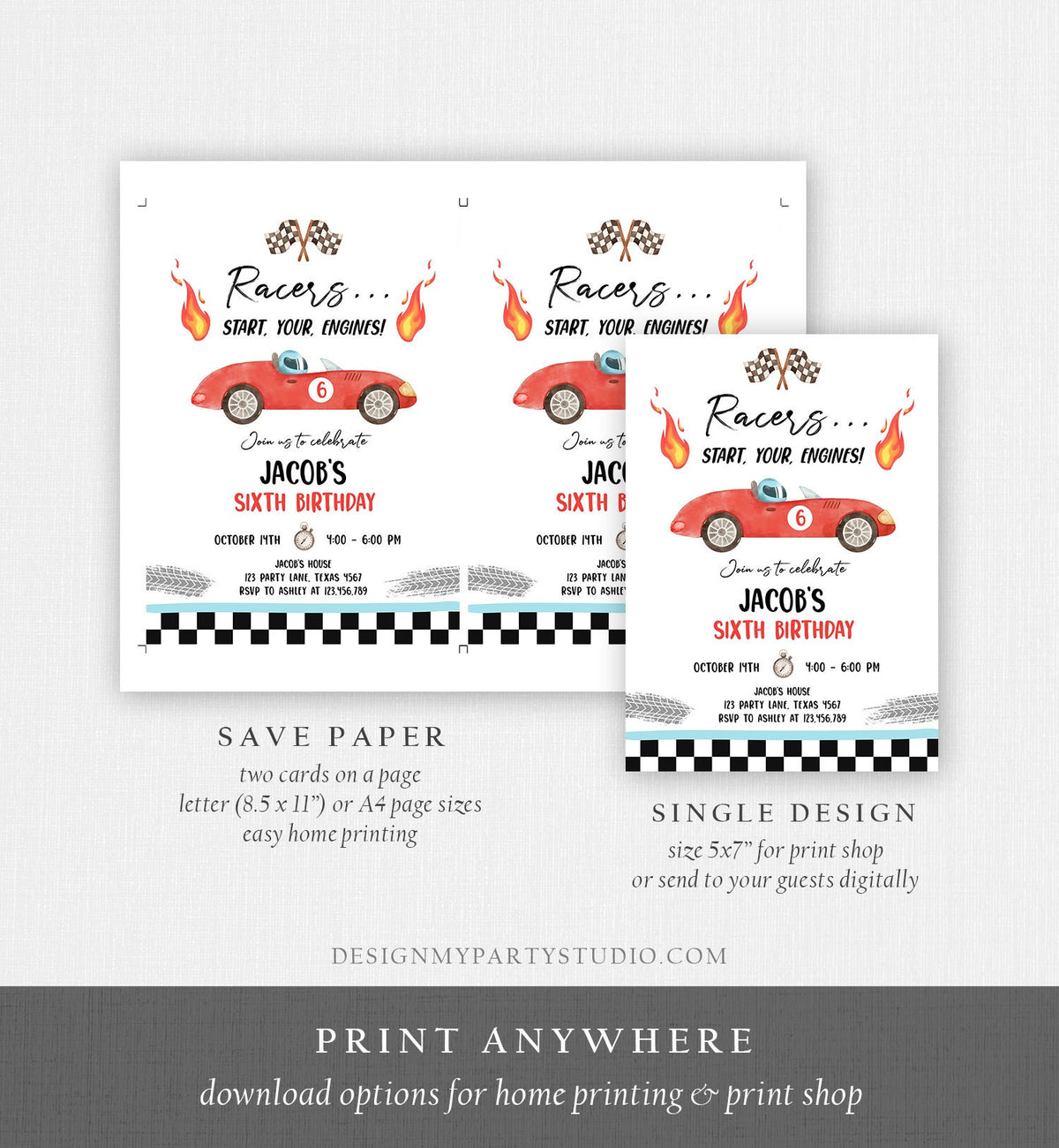 Editable Racing Birthday Invitation Racers Start Your Engines Race Car Party Little Racer Digital Download Evite Template Printable 0424