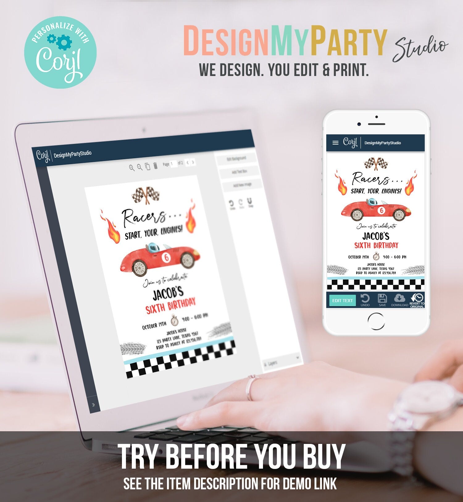 Editable Racing Birthday Invitation Racers Start Your Engines Race Car Party Little Racer Digital Download Evite Template Printable 0424