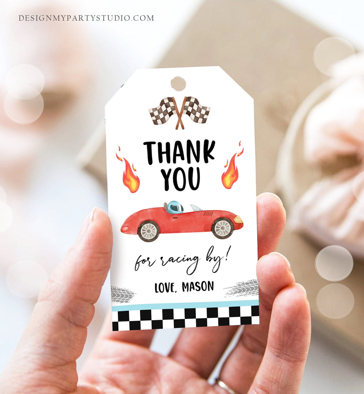 Editable Racing Favor Tags Race Car Birthday Thank you Label Growing Up Two Fast Gift tags Red Race Cars 2nd Template Corjl PRINTABLE 0424