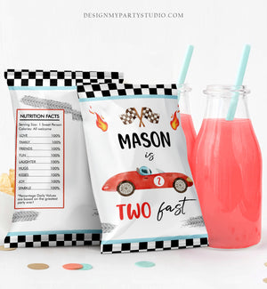 Editable Race Car Chip Bag Growing Up Two Fast Birthday Party Decor Boy Racing Party Favors 2nd Birthday Red Car Digital Corjl Template 0424