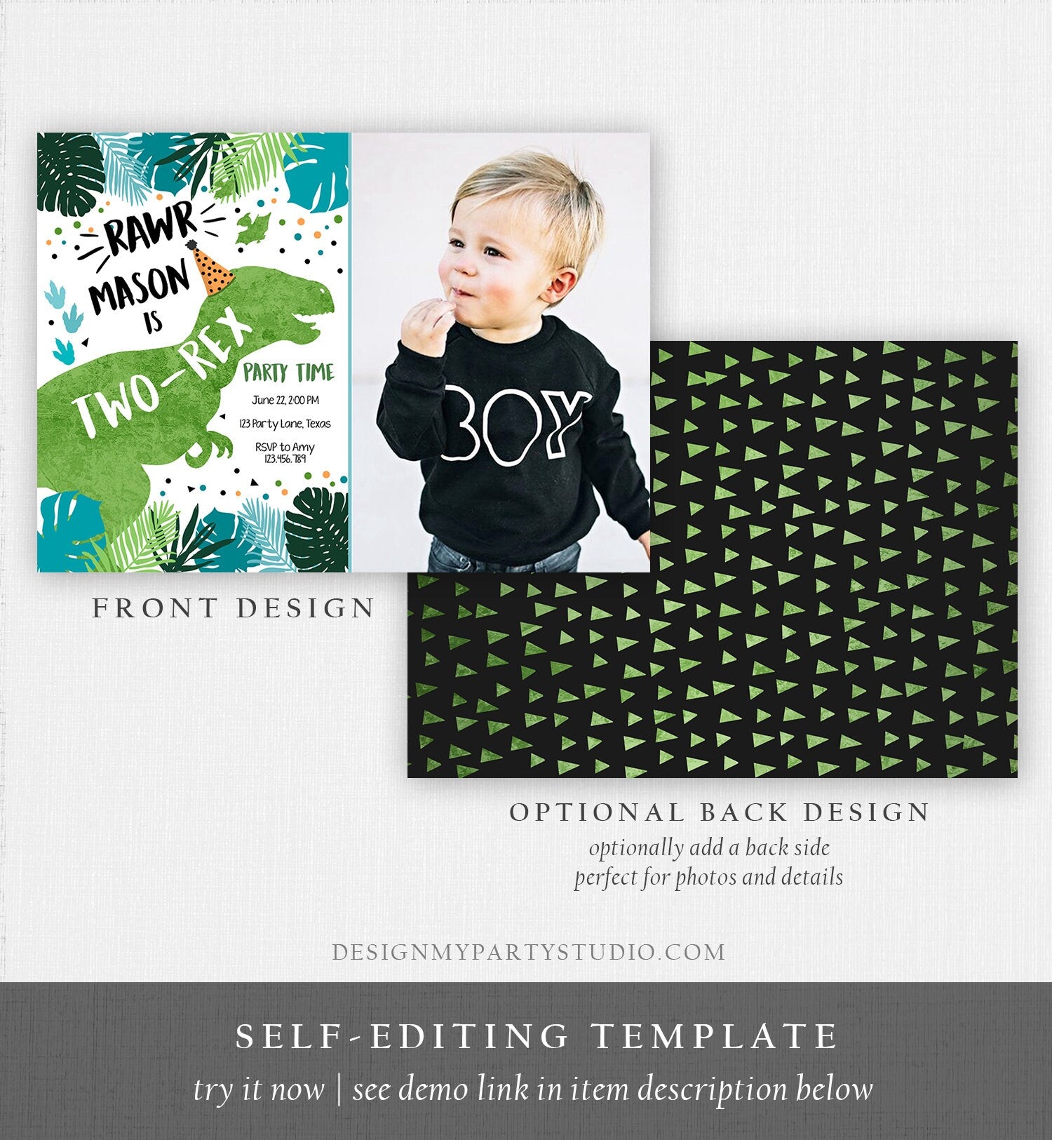 Editable Two-Rex Dinosaur Birthday Invitation Dino T-Rex Second Birthday 2nd RAWR Boy Green Blue Prehistoric Digital Template Printable 0389